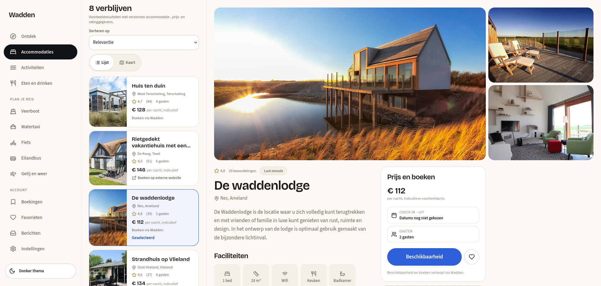 Wadden-interface met accommodatielijst, detailweergave en boekingspaneel.